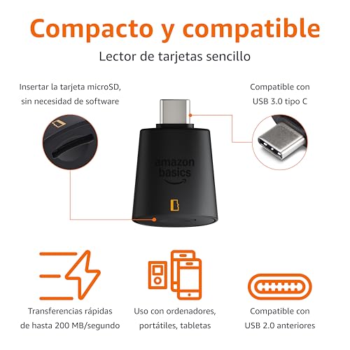 Infografía del lector de tarjetas micro-SD que muestra sus características, incluyendo compatibilidad con USB 3.0 tipo C