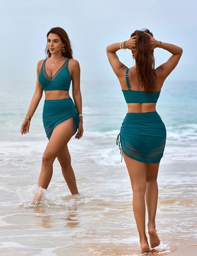 Image of Blooming Jelly Womens Swim Skirt High Waisted Bikini Sets Tummy Control Swimsuits Mesh Sarong Wraps Bathing Suits