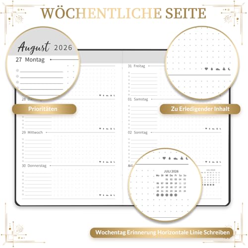 Kalender 2026 2027 - Terminplaner 2026 2027 von August 2026 bis September 2027, A5 Wochenplaner 26 27 mit Innentasche, Elastischer Verschluss, 21.3 x 14.7cm - Schwarz