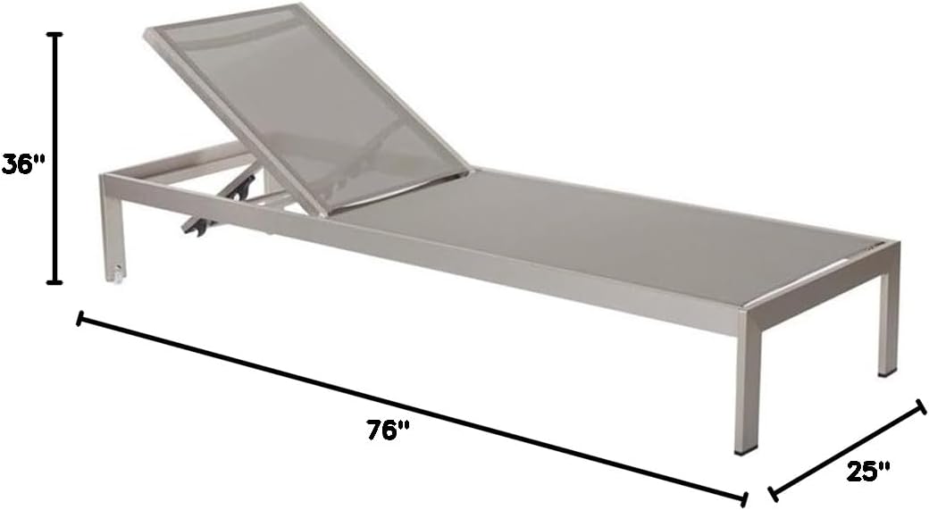 Pemberly Row Adjustable Height Patio Lounger, 12-36"H x 76"W x 25"D, Aluminum Frame, Gray Finish, Textilene Mesh, 5 Positions, Wheels for Easy Movement, Durable Outdoor Recliner for Patio or Poolside