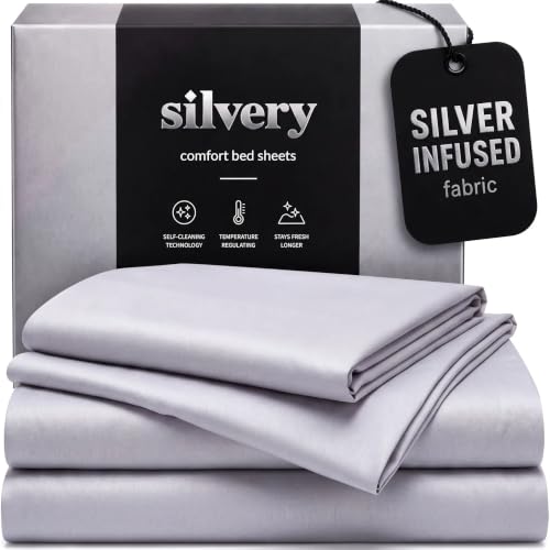 Silvery Silver Infused Bed Sheets Set - Ultra-Soft Temperature-Regulating Fabric with Self-Cleaning Technology that Stays Fresh 3X Longer for Hygienic Sleep (Cool Gray Queen)