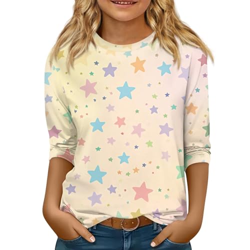 Shirts for Teens Girls 3/4 Length Sleeve Casual Clothes Fall Round Neck Tops Stylish 1/2 Sleeve Cute Shirts 3-14 Years