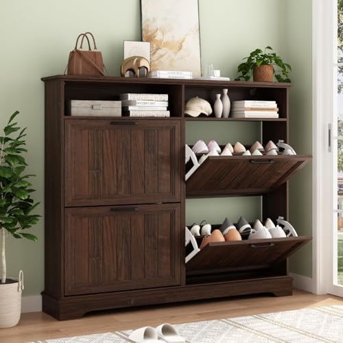 Image of Hidden Shoe Storage Cabinet with 4 Flip Drawers & Open Storage