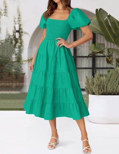Image of ZESICA Women's 2026 Summer Puff Sleeve Midi Dress 2026 Boho Solid High Waist Flowy Beach Wedding Guest Long Dresses