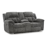 Signature Design by Ashley Frohn Contemporary Manual Reclining Loveseat with Console with Console, Storage and Cup Holders, Gray