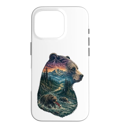 Majestic Bear Mountain River Wildlife Double Exposure�n�C�J�[�B �X�}�z�P�[�X iPhone 16 Pro �p