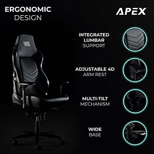Apex Gaming Desk Adult Chair | Ergonomic Computer Desktop Seating | PU Leather Cover | Foam Padding | 4D Adjustable Arm Rests and Height | Rocking Gamer Seat | Built in Lumbar Support (Black)