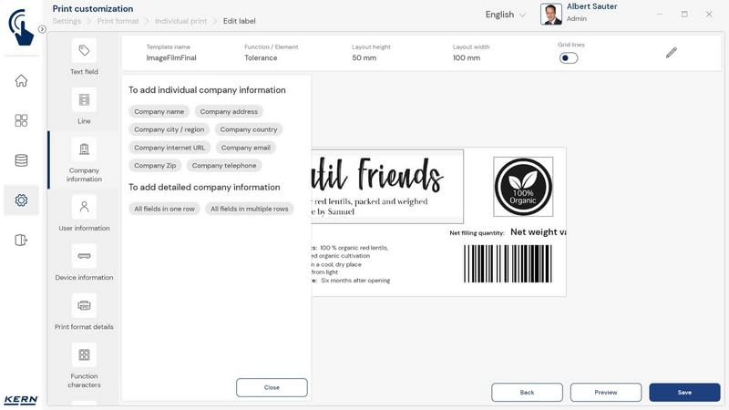 KERN SET-14 - Software EasyTouch Individual Print - personalised printouts, Individual positioning of print elements