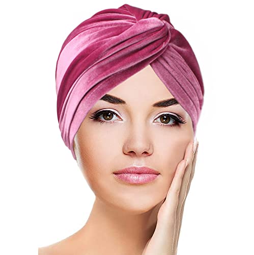 Velvet Turban Chemo Beanie For Woman,Pre Tied Head Wrap Cap Cotton India Headwear For Cancer Patient (Pink) #TOP5
