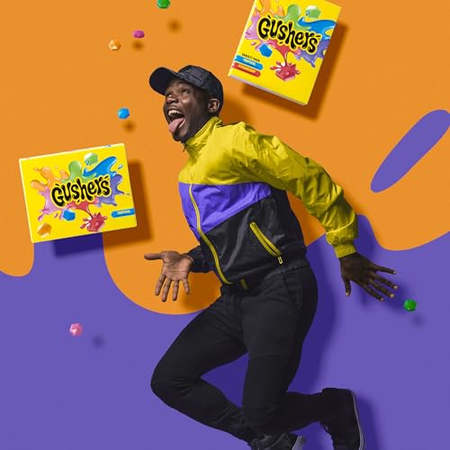 Gushers Snacks mit Fruchtgeschmack, tropische und Erdbeeraromen, glutenfreier Gummisnack, saftiges Zentrum, Vitamin-C-Quelle, einzeln verpackt, Großpackung, 20 Beutel, insgesamt 473 ml