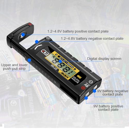 AXFEE Batterietester, Digital Batterietester, Universal Batterietesters für AA AAA C D 9V Batterie Tester, LCD Batterieprüfergerät, Batteriemessgerät, Akku Anzeige, für 1.2~4.8/9V Batterien, BT169