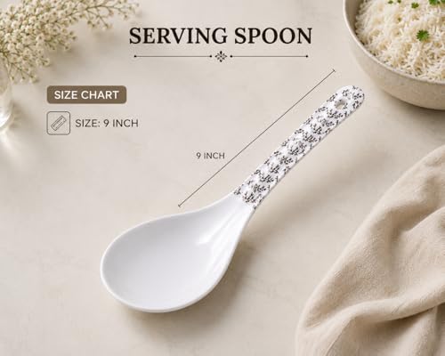 Image of Melvio By Malti 2 Pcs Serving Spoon Set for Dining & Serving | Premium Melamine Soup & Curry Spoons with Elegant Floral Design | Dishwasher Safe Serving Spoons for Rice, Dal | White, 9 Inch