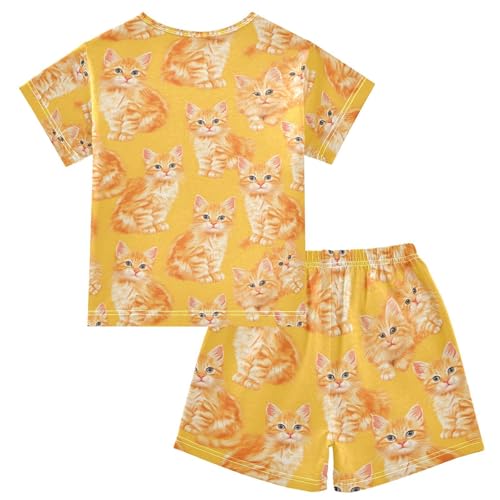 ALAZA Orange Cat Kitten Black Pajamas Set Short Sleeve Cotton Sleepwear Summer Pjs 2 Piece 5-14Y2