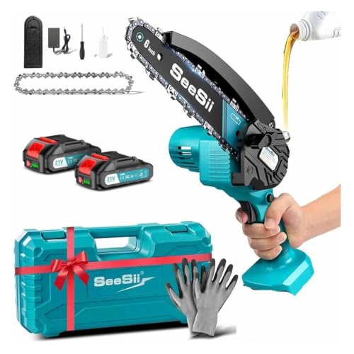 Image of 1pc 6''Cordless Mini Chainsaw 15.2cm Electric Saw Rechargeable Woodworking Garden Pruning Saw for Makita 18V Battery pin(With 2-battery 2.0Ah)