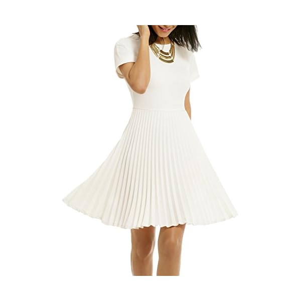 WOOSEA-Womens-Elegant-Pleated-Short-Sleeves-Cocktail-Party-Swing-Dress WOOSEA Women's Elegant Pleated Short Sleeves Cocktail Party Swing Dress White
