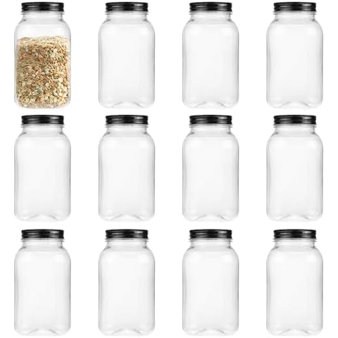 OMNISAFE 32 Ounce Clear Plastic Mason Jars With Screw On Lid, Reusable Empty Jars for Food Storage, Round BPA Free Containers for Sealing, Dry Food, Snacks, Candies, Breakage-proof, (Black - 12 Pack) Cover