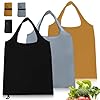 HUSOUE Foldable Shopping Bags, 3 PCS Washable and Reusable Shopper Bag Large Tote Fold Up Grocery Bag Handbag Folds for Fruit Vegetable Storage (Black, Gray, Khaki)