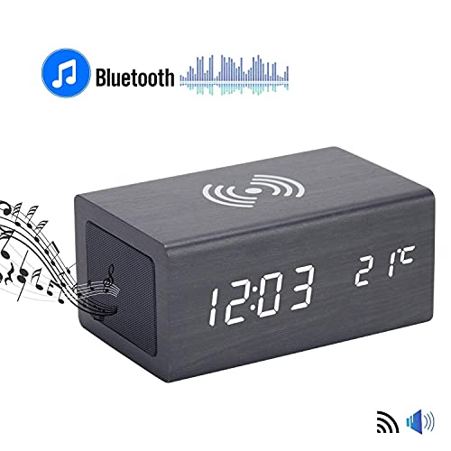 WOOD SHOW めざまし時計 スピーカー おしゃれ 置き時計 デジタル時計 卓上時計 スマホ充電機能 スピーカー付きインテリア時計 木目 多機能時計 ワイヤレス充電器 アラーム時計 音声感知で表示ON/OFF 温度計機能 bluetooth電波法技適,国際規格Qi充電 認証済み 日本語説明書 (スタイリッシュ黒)