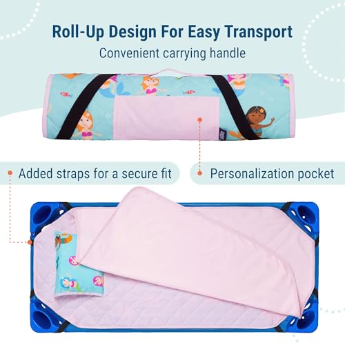 Image of Wildkin Modern Kids Nap Mat with Pillow for Girls - Soft & Cozy Cotton Blend, Elastic Straps, Toddler Sleep Mat for Daycare, Preschool, Kindergarten & Travel, Ages 3-7, Machine Washable - Mermaids