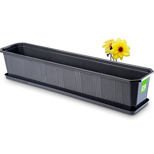 KADAX Blumenkasten 80 cm, Anthrazit – Pflanzkasten mit Untersetzer, rechteckiger Blumentopf aus Kunststoff, Pflanzgefäß für Innen- und Außenbereiche, Balkon und Terrasse
