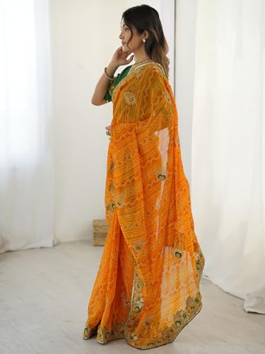 Image of Satrani Women's Georgette Bandhani Printed Embroidered gota lace Saree with Unstitched Blouse Piece