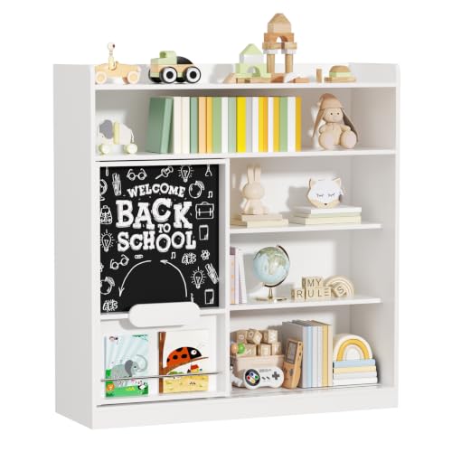 Image of Kids Bookshelf,Freestanding Childrens Bookcase Toy Storage Organizer,3 Tier kids Bookcase with 5 Fabric Storage Drawers,Book Shelf Display Rack for Children's Room,School,Kids Room,Nursery (White 1)
