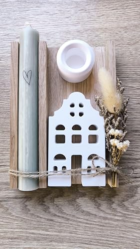 Geschenkset - Kerze Stabkerze mit Herz - Deko Haus Lichterhaus - Kerzenst&auml;nder rund - Trockenblumenstrau&szlig; - in Holzbox Holzverpackung - Geschenk - Geburtstag - Mitbringsel - Frau - Freundin