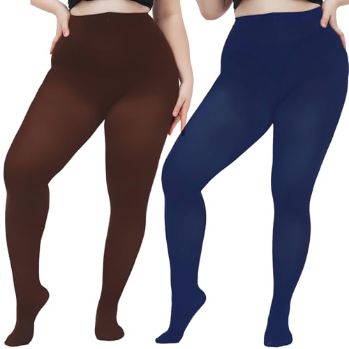 Image of Women's Plus Size Tights Opaque Ultra-Soft Pantyhose High Waist Run Resistant Solid Color Elastic Tights 1X, 2X, 3X, 4X Brown + Navy Blue X-Large