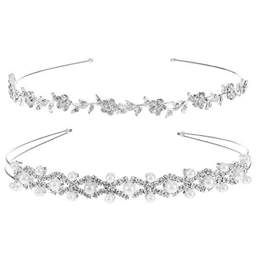 Pangda 2 Pieces Rhinestone Bridal Crystal Women's Headband Wedding Flower Girl Pearl Diamond Slim Thin Silver Flower Leaves Crown Hair Band Accessories Headpiece Tiara For Bride Bridesmaids #TOP6