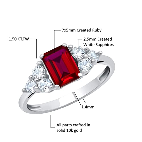 Max + Stone 10K White Gold Ring For Women With Emerald Cut Red Ruby Gemstone And Created White Sapphire Accents And July Birthstone Anniversary Ring Size 7 #TOP3