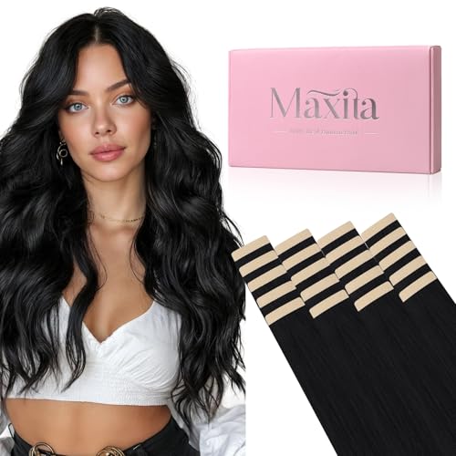 MAXITA Tape in Hair Extensions Human Hair, Jet Black 14 Inch 50g 20pcs