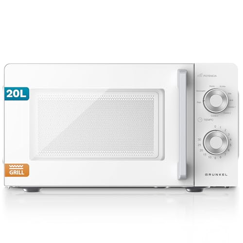 Grunkel Microondas con grill de 20 Litros, 700W + 900W Grill 5-6 Niveles de Potencia, 3 Modos Combinados, Temporizador 30 min Apertura con Tirador y Bandeja Ø245 mm