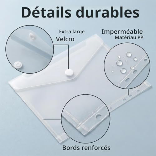 Pochette Plastique A5 Transparente, Lot de 10 Porte-Documents Classeur avec Bouton Imperméable pour Voyage Famille Bureau (23x18cm, 7 Perforée) – vue 3
