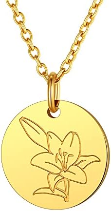 FindChic Birth Month Flower Necklace 12 Month Birthday Jewellery Gifts for Women Hypoallergenic Surgical Stainless Steel Disk Coin Birth Flowers Pendant