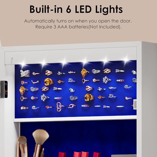 47in Tall Jewelry Cabinet Organizer, Arched Wall or Door Mounted Jewelry Armoire with Full-Length Mirror, 6 LEDS Lockable Hanging Mirror Cabinet with Storage, 2 Drawers, Women Girls Gifts,White - Image 7