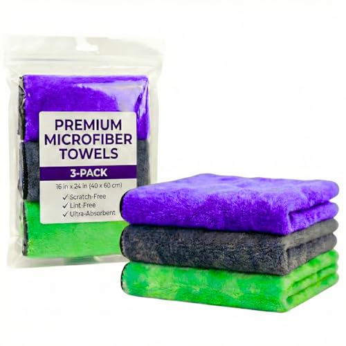 16x24 Microfiber Car Drying Towels 3-Pack Dual-Sided 350 GSM Plush Streak-Free Soft PAKS Lint-Free Scratch-Free Auto Detailing Cloths Waterless Wash Wax Sealant Glaze Soft-Stitched