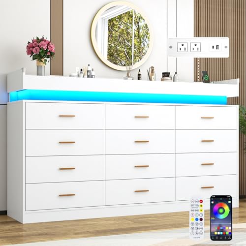 Image of Hlivelood 12 Drawer Dresser with LED Light and Charging Station, 70 inch Modern Chest of Drawers for Closet, Wide Drawer Organizer Cabinet for Bedroom, Living Room, Entryway, Hallway, White