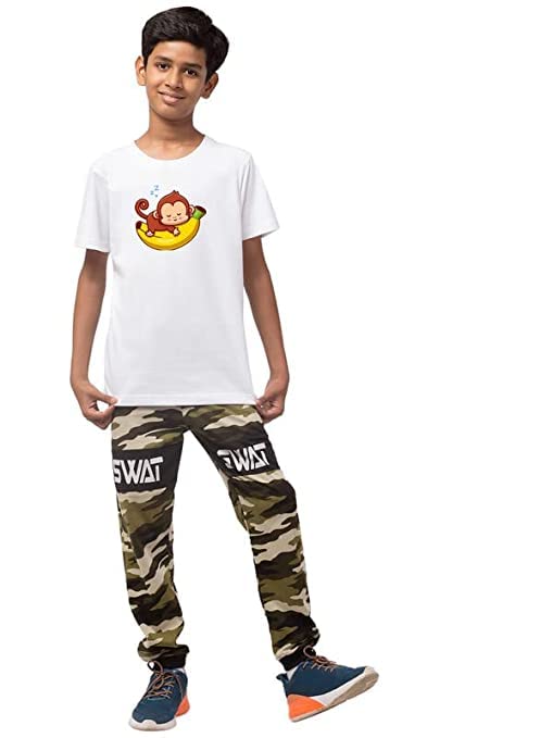 Image of T-Shirt Combo for Boys and Girls Half Sleeves Animal Print Modern New Casual Round Neck Cotton Regular Fit White