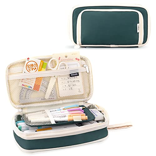 Image of iSuperb Large Capacity Pencil Case Dark Green Pencil Pouch Portable Pen Bag with 2 Compartments Pen Organizer Gifts for School Kids Children Teen Boys Girls Men Women