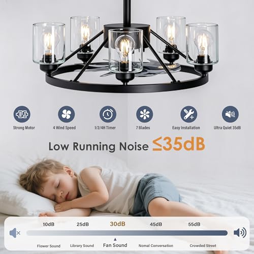 Miuyhji 24" Ceiling Fans with Lights Wagon Wheel Chandelier, Farmhouse Fandelier Black Fans with Glass Lampshade Light Fixture, 6 Speed, Timing, Adjustable Height for Dining Room Living Room — view 3