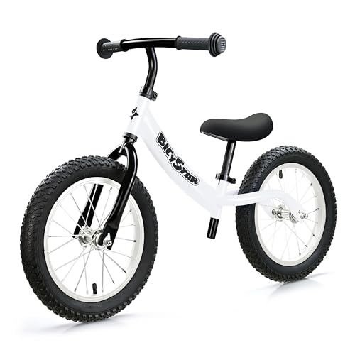 Image of bicystar 14 Inch Balance Bike for Kids 3-5 with Rubber Air Tires, White | lightweight frame, adjustable seat & handlebar, easy assembly, outdoor riding, footrest, no pedals
