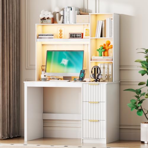 LVSOMT 40” Home Office Desk with Hutch and Drawers, White