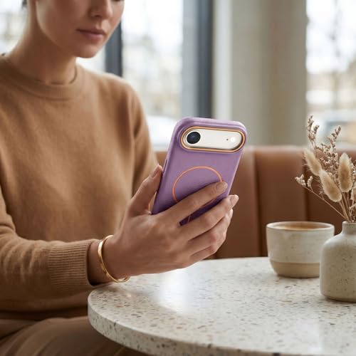 Image of amazon basics Luxury MagSafe Compatible Leather Texture Back Cover for iPhone 17 Air | Raised Camera Protection | Slim Fit Shockproof Case with Metallic Accents (Purple)