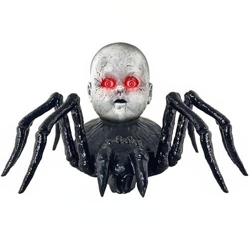 Creepy-Crawly Black Animatronic Light-Up Doll Head Spider - 13.2" x