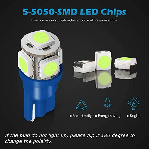 Partsam Blue T10 Led Bulbs Car Interior Dome Lights, 6000K Super Bright 194 168 2825 W5W Led Bulbs For Truck Dome Map Door Courtesy License Plate Lights, 10 Pack #TOP1
