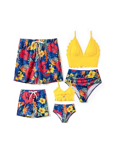 PATPAT Family Matching Solid Scallop Trim Strappy Two-Piece Swimsuit and Allover Floral Print Swim Trunks Shorts Men M