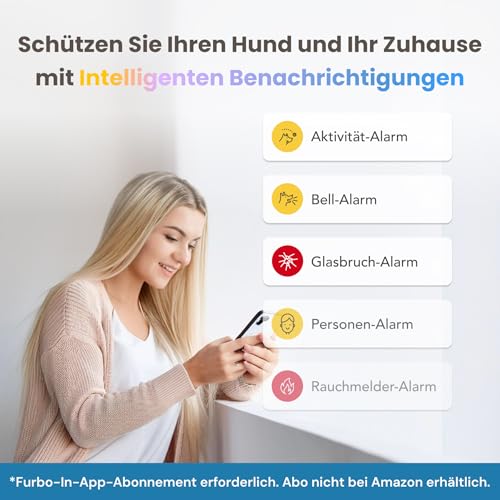 Furbo 360° Hundekamera mit Heimsicherheits-Paket [Premium MIT ABO]: Intelligente Kamera mit App für Hund & Heim, Rotierende 360° Sicht, Farbnachtsicht, Tracking, Leckerliwurf, Bell-Alarm, Smart Alerts
