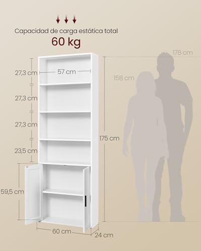 Miniatura 3 de VASAGLE Librería, Estantería Vertical de 6 Niveles, con Puertas, 24 x 60 x 175 cm, para Salón, Estudio, Oficina, Comedor, Blanco Nube LBC402W01