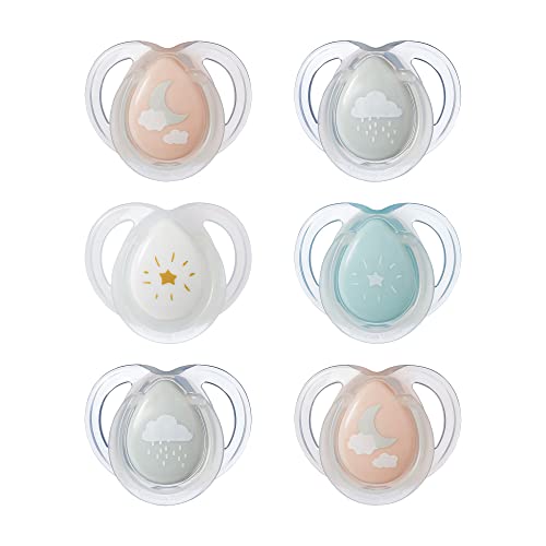 Image of Tommee Tippee Night Time Glow in The Dark Pacifiers, Symmetrical Design, BPA-Free Silicone, 0-6 Months, Pack of 6 Pacifiers