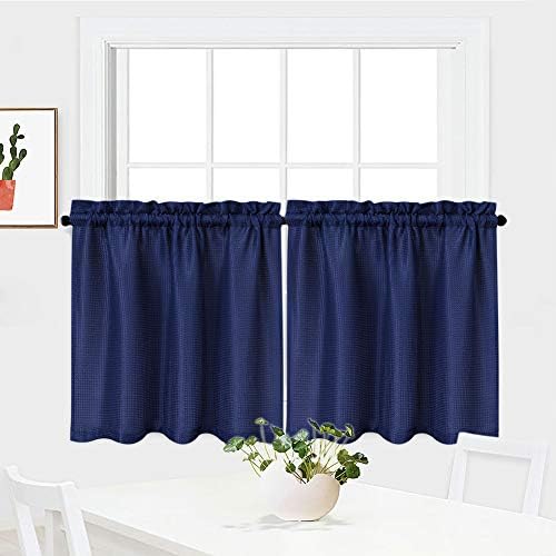 NANAN Kitchen Cafe Curtains,Waffle Weave Textured Tailored Short Curtains for Bathroom Waterproof Window Covering Tier Curtains - 30" x 24", Navy Blue, Set of 2